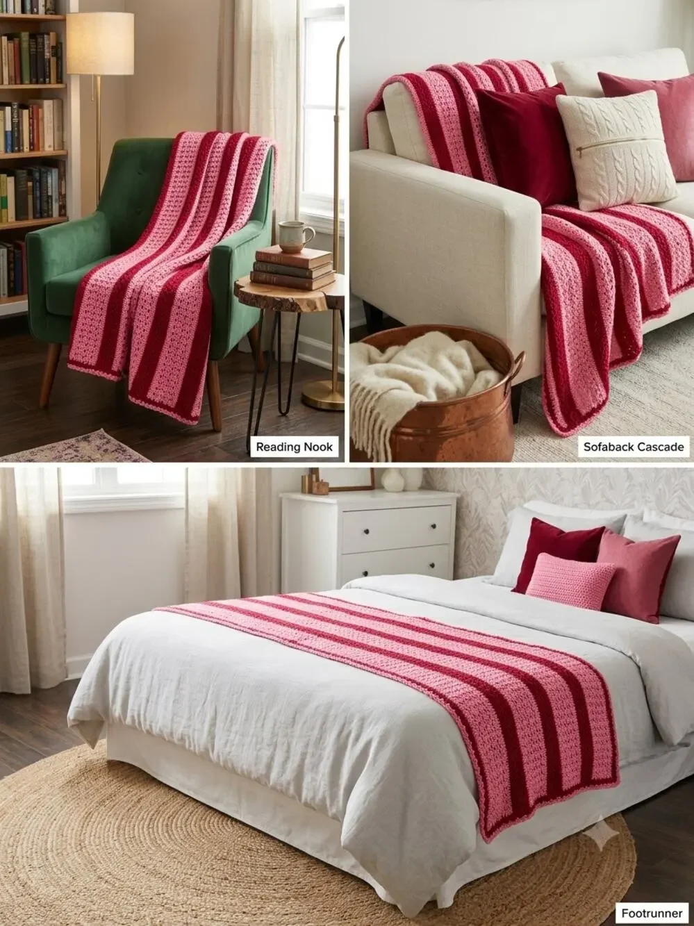 Vintage 1970s Pink Magenta Striped Crocheted Afghan Blanket Throw
